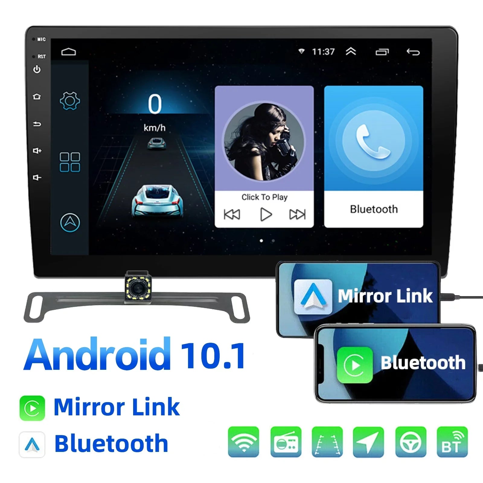 Ele-mall Double Din Car Sizetereo, 10.1" Android 10.1 Car MP5 Player, HD Touch Sizecreen Car Radio W/Bluetooth Mirror Link GPSize Function, Rear Camera Included