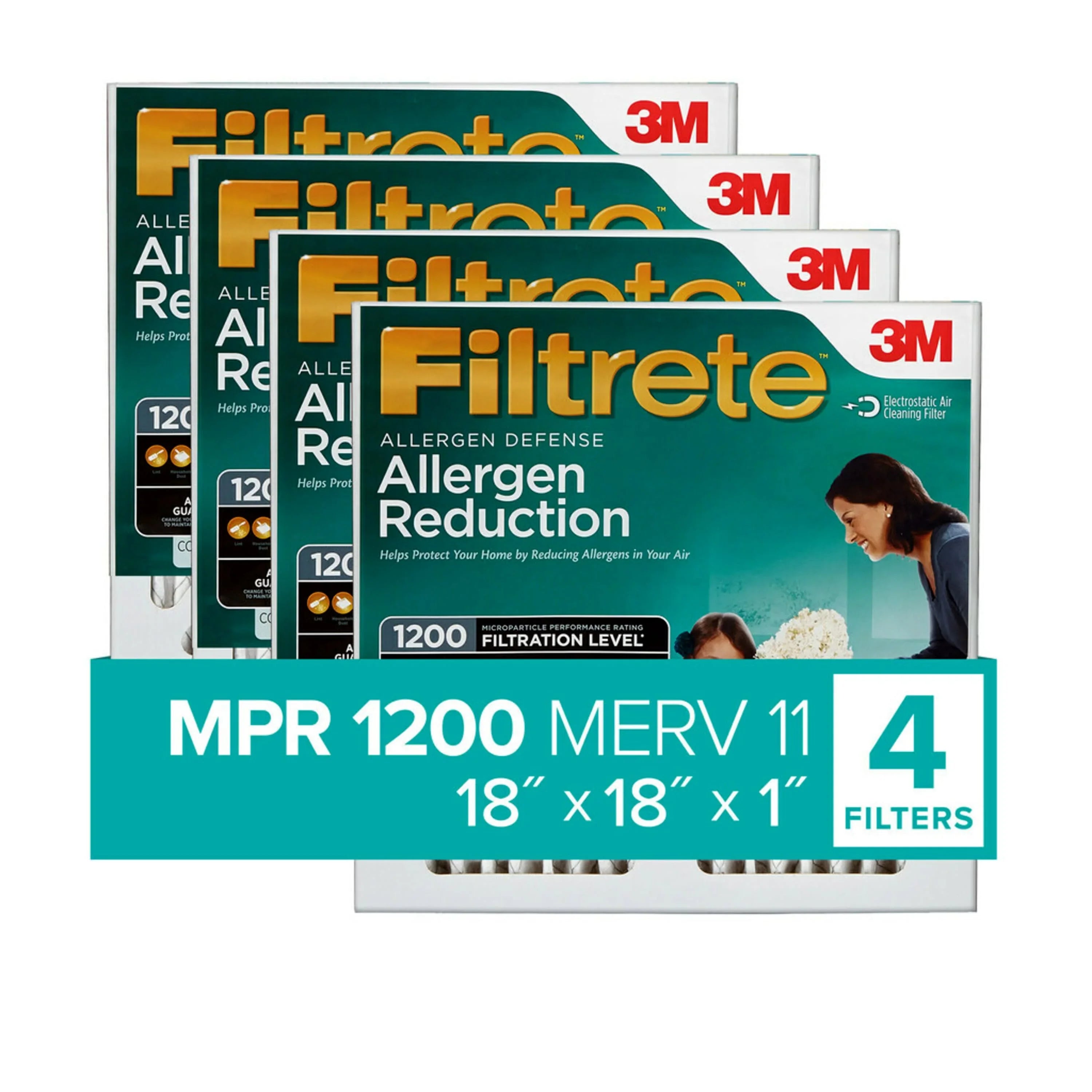 Filtrete by 3M 18x18x1, MERV 11, Allergen Reduction HVAC Furnace Air Filter, 1200 MPR, 4 Filters