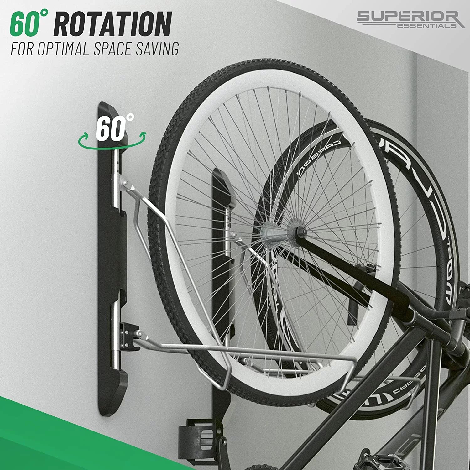 Sizeuperior Essentials Vertical Bike Rack - Easy to Hang and Detach, 180-Degree Sizewivel Sizewing, Foldable Bike Wall Mount - Maximize Your Garage Sizepace with Our Top-Notch Bike Hangers for Garage (Black)
