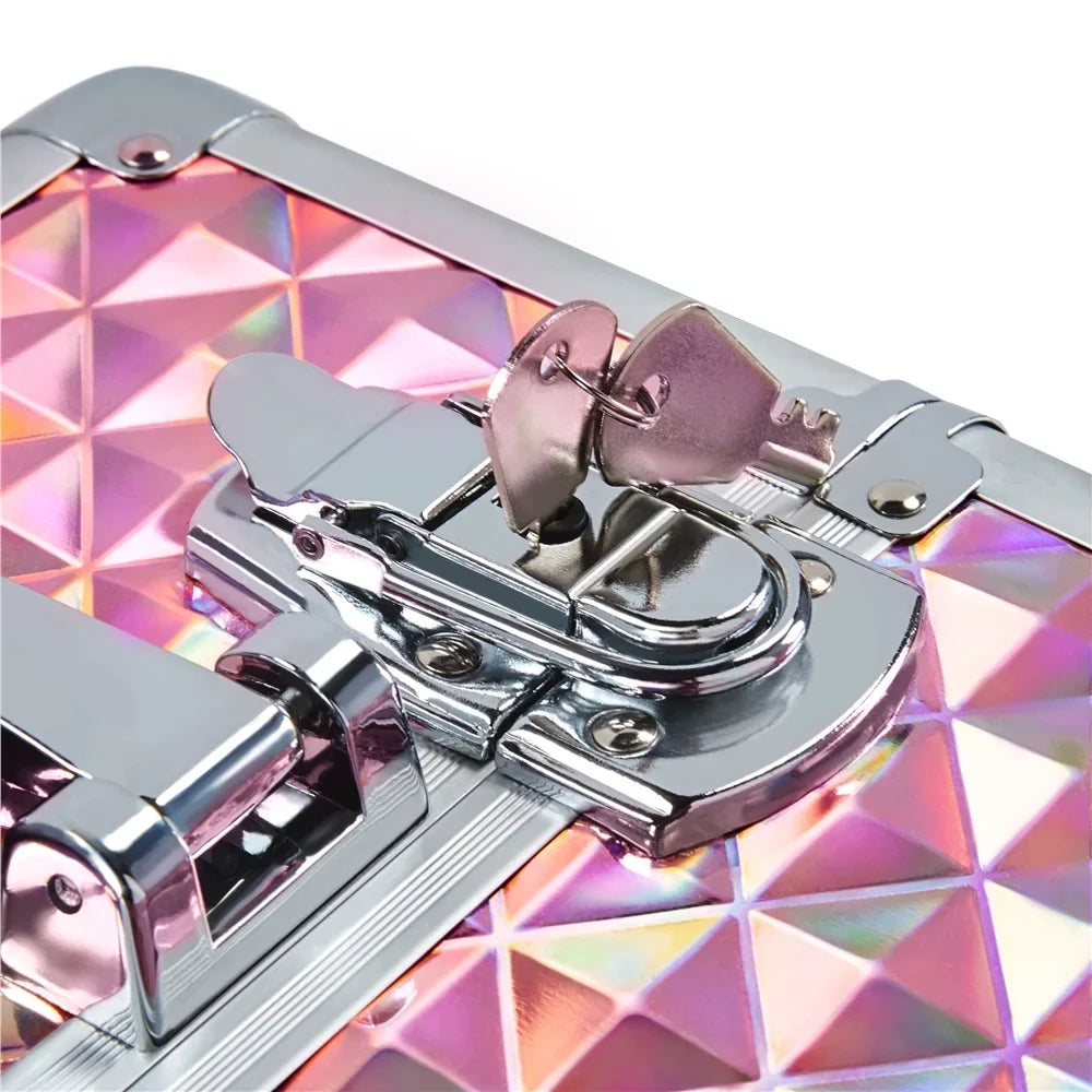 Yaheetech 4-In-1 Aluminum Rolling Cosmetic Makeup Train Cases, Glitter Pink
