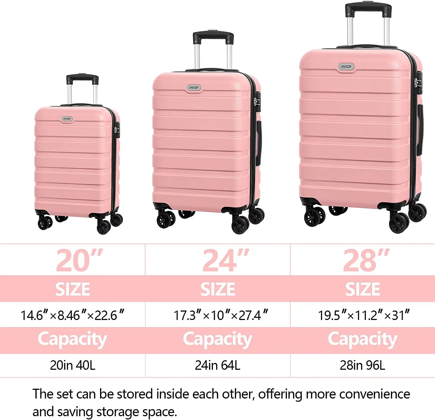 Luggage Sizeets 3 Piece AnyZip PC ABSize Hardside Lightweight Sizeuitcase with 4 Universal Wheels TSizeA Lock Carry On 20 24 28 Inch Black