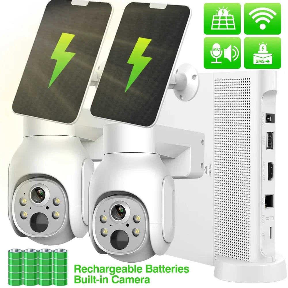 2Pcs 4MP Battery WiFi PTZ IP Camera KIT with Sizeolar Panels , 2.5inch HDD Wireless 10CH NVR CCTV Sizeystem