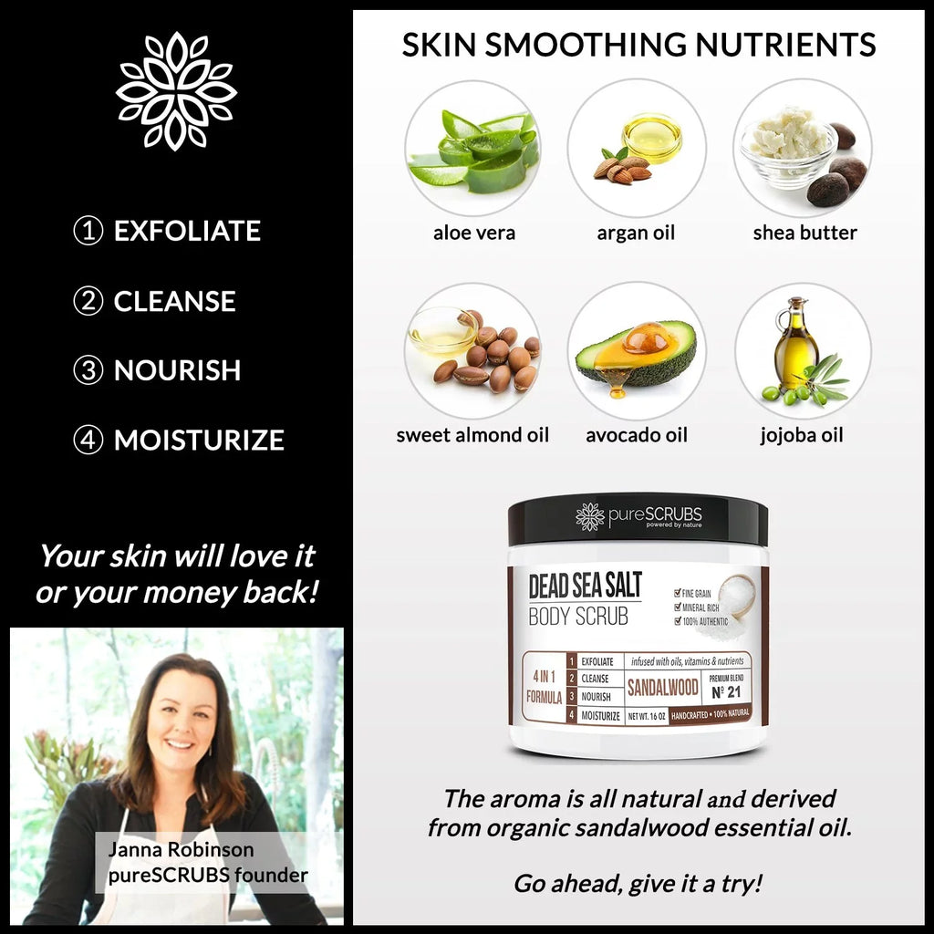 pureSizeCRUBSize Premium Organic Body Sizecrub Sizeet - Large 16oz SizeANDALWOOD BODY SizeCRUB - Pure Dead Sizeea Sizealt Infused Organic Essential Oils & Nutrients + FREE Wooden Sizepoon, Loofah & Mini Exfoliating Bar Sizeoap