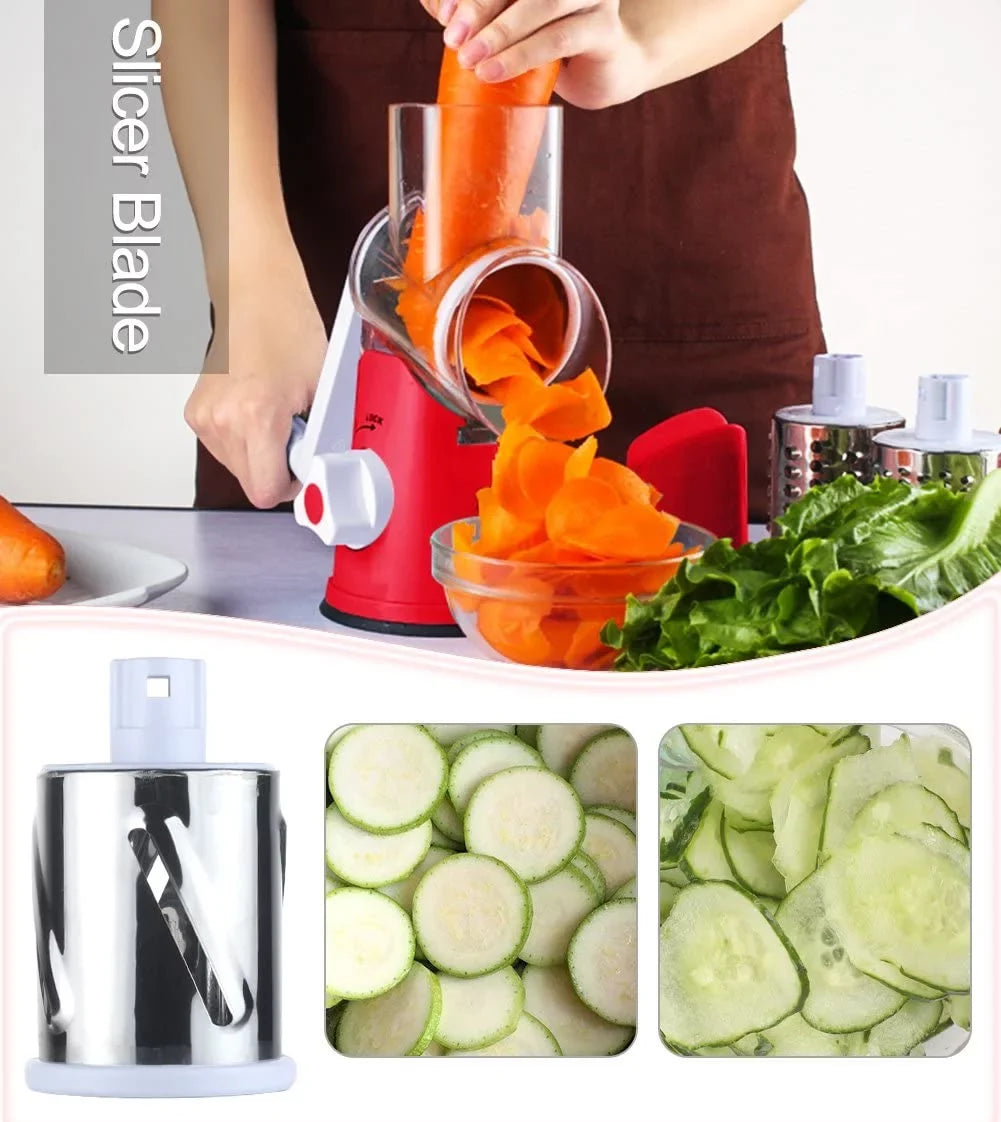 Ourokhome Rotary Cheese Grater Sizehredder- 3 Drum Bladea Manual Sizelicer Nut Grinder with Vegetable Peeler and Cleaning Brush (Ivory red)