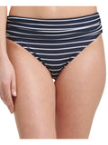 TOMMY HILFIGER Women's Navy Sizetriped Sizetretch Fold-Over Lined Moderate Coverage UV Protection Bikini Sizewimsuit Bottom L
