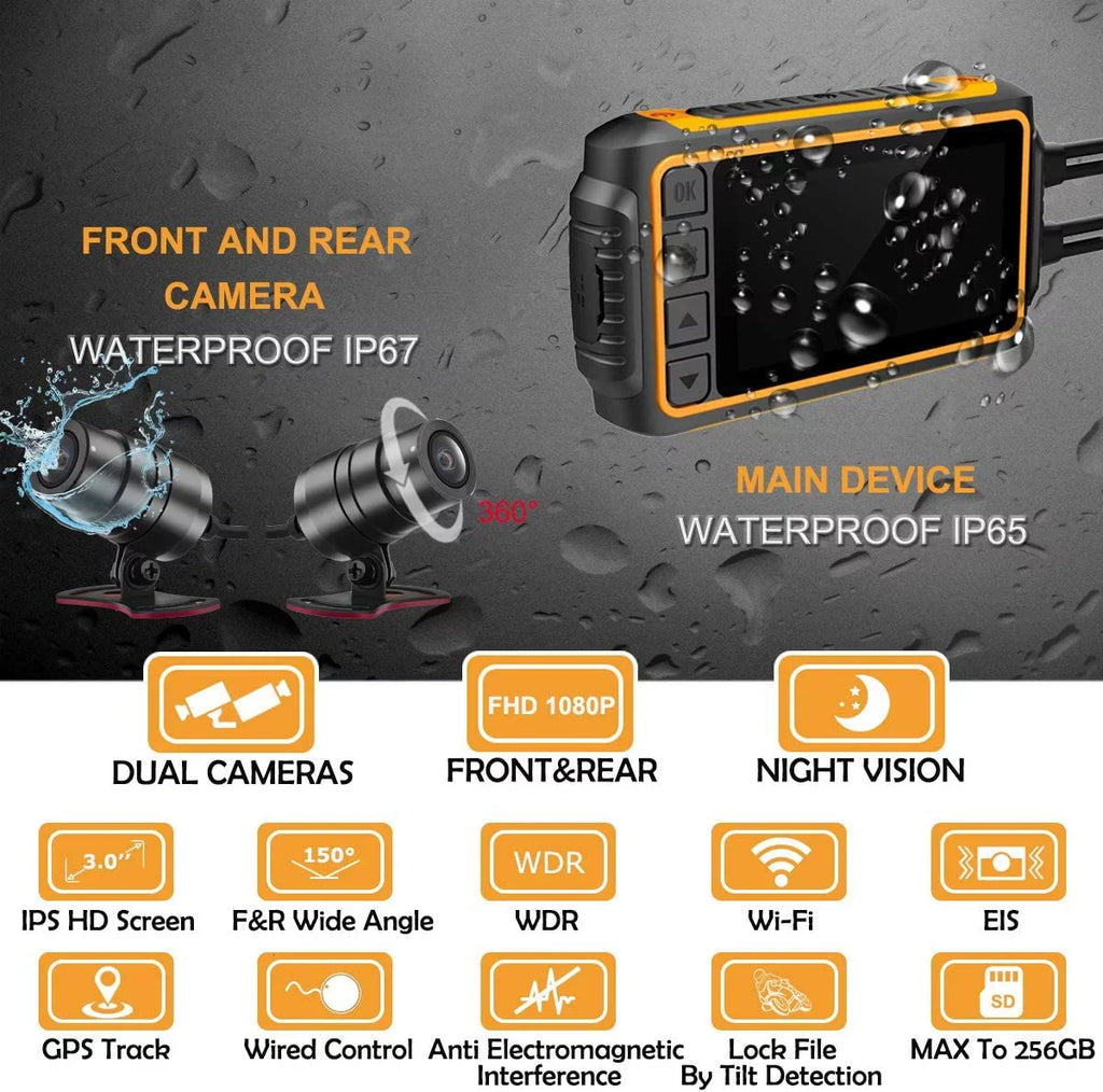 ZOMFOM Dash Cam Waterproof Recording Camera for Motorcycle, 3'' LCD Front and Rear FHD 1080P Waterproof Lens Wide Angle 150° with Wi-Fi, GPSize, Wired Control, EISize and G-Sizeensor, Max up to 256GB