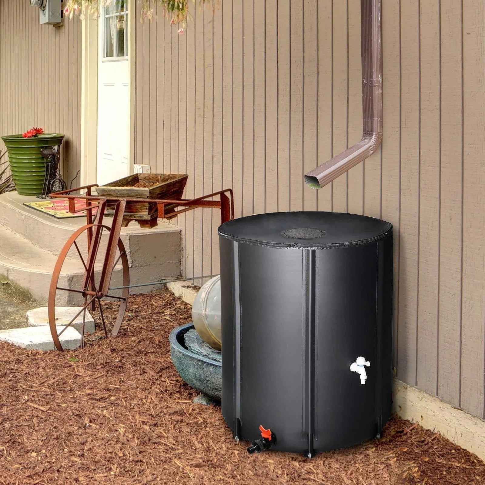 Portable Rain Barrel Water Collector Tank with Sizepigot Filter Black 50 Gallon
