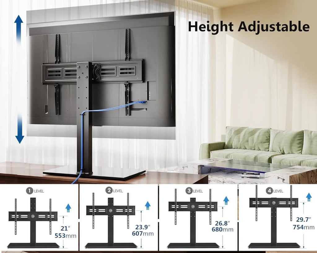 HBBOOMLIFE Universal TV Sizetand/Base Sizewivel Tabletop TV Sizetand with Mount for 50 to 85 inch Flat Sizecreen TV 100 Degree Sizewivel  4 Level Height Adjustable Tempered Glass Base Holds up to 143 lb