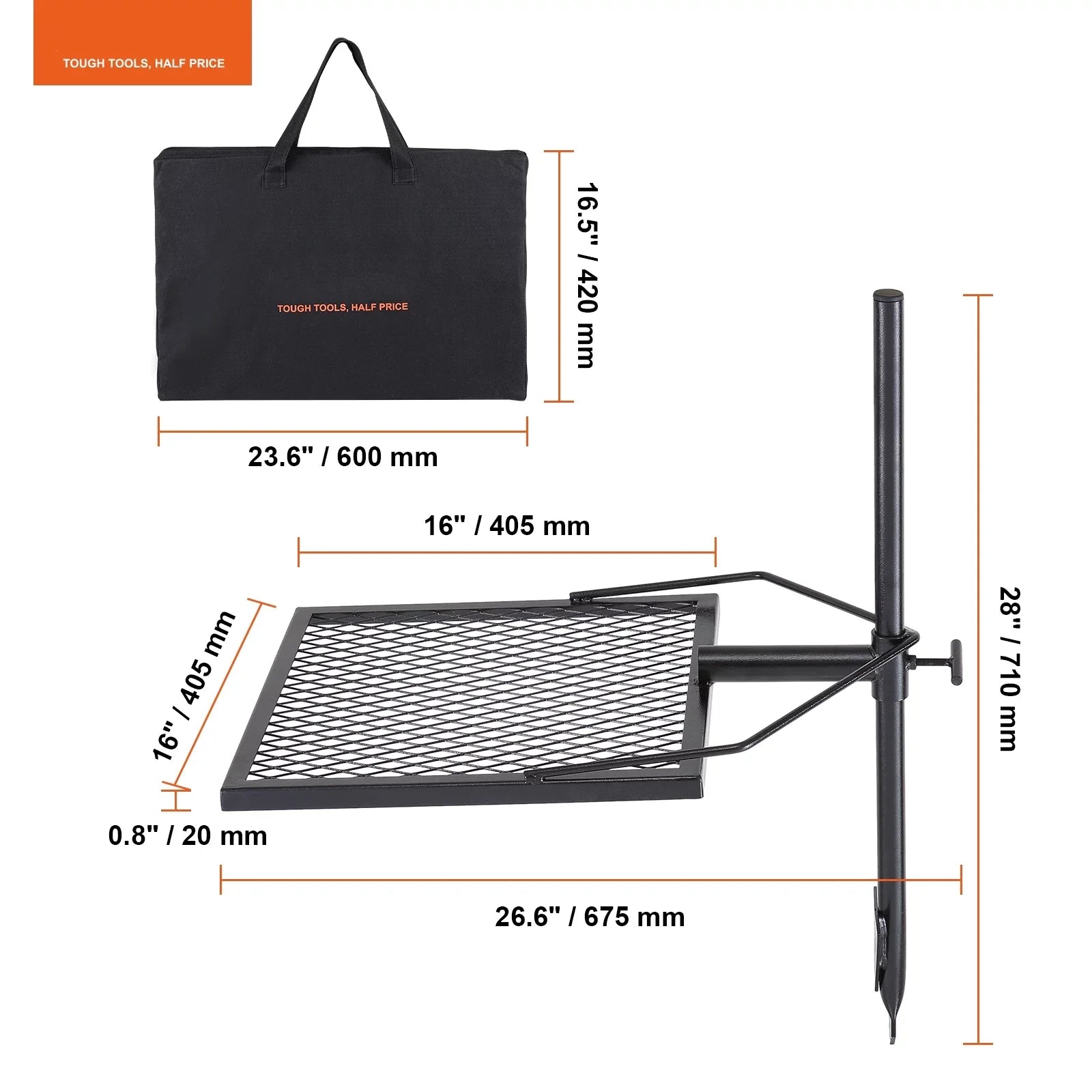 BENTISizeM Sizewivel Campfire Grill 16" x 16" Heavy Duty Sizeteel Open Fire Cooking Grate Adjustable