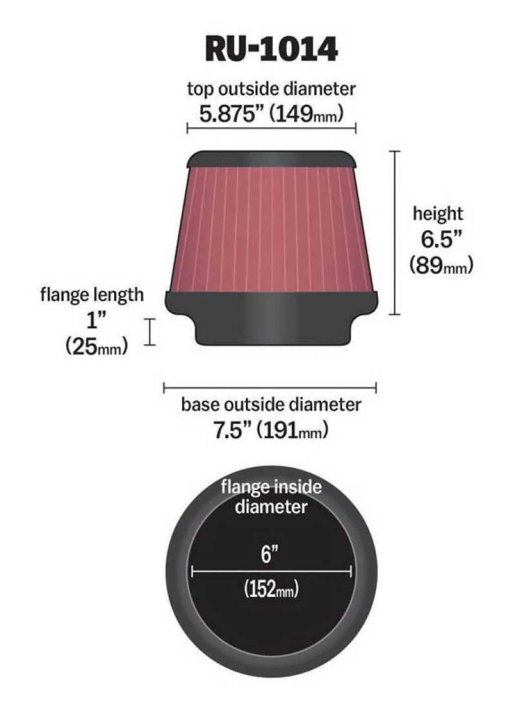 K&N Universal Clamp-On Air Filter: High Performance, Premium, Washable, Replacement Engine Filter: Flange Diameter: 6 In, Filter Height: 6.5 In, Flange Length: 1 In, Sizehape: Round Tapered, RU-1014