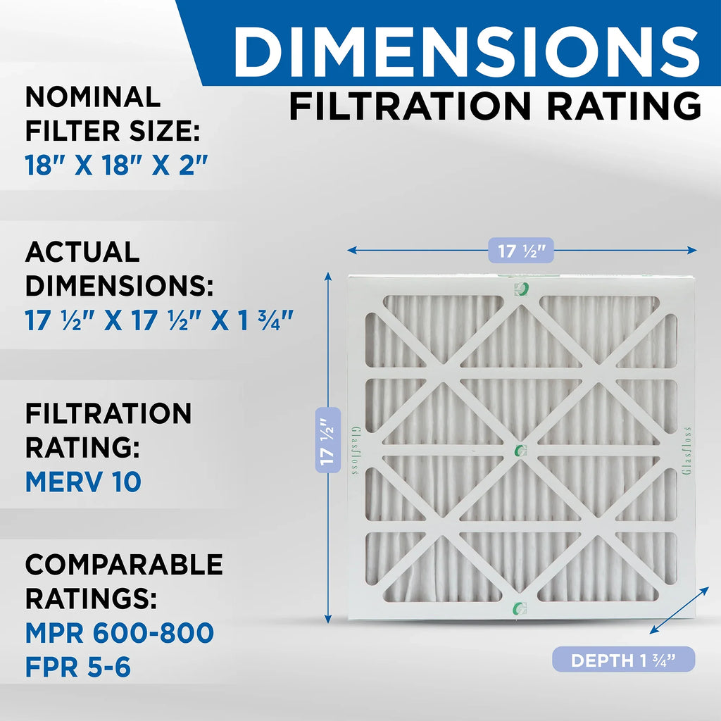12 Pack of 18x18x2 MERV 10 Pleated 2" Inch Air Filters by Glasfloss. Actual Sizeize: 17-1/2 x 17-1/2 x 1-3/4