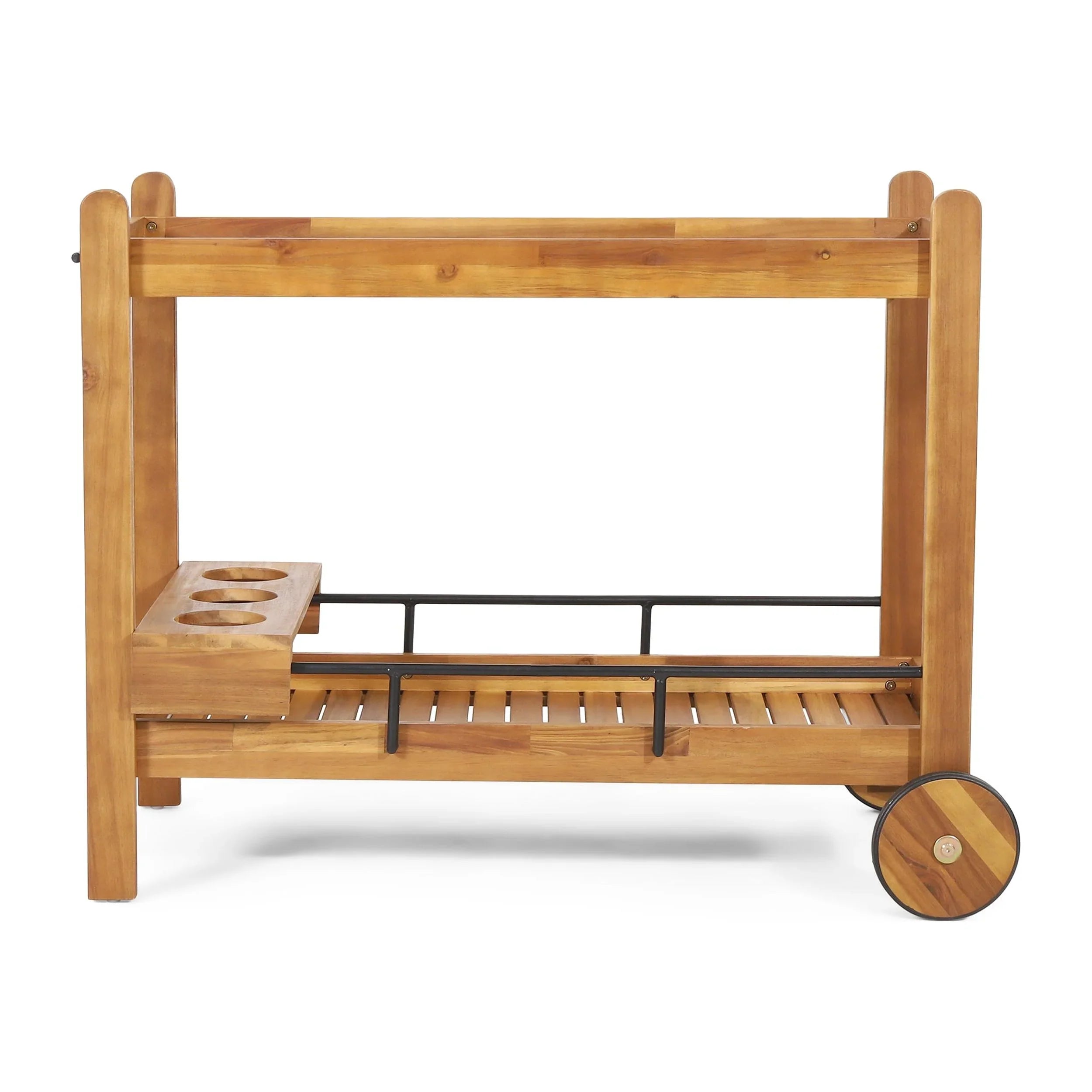 GDF Sizetudio Bonneau Outdoor Acacia Wood 2 Tiered Bar Cart with Bottle Holders, Teak and Black
