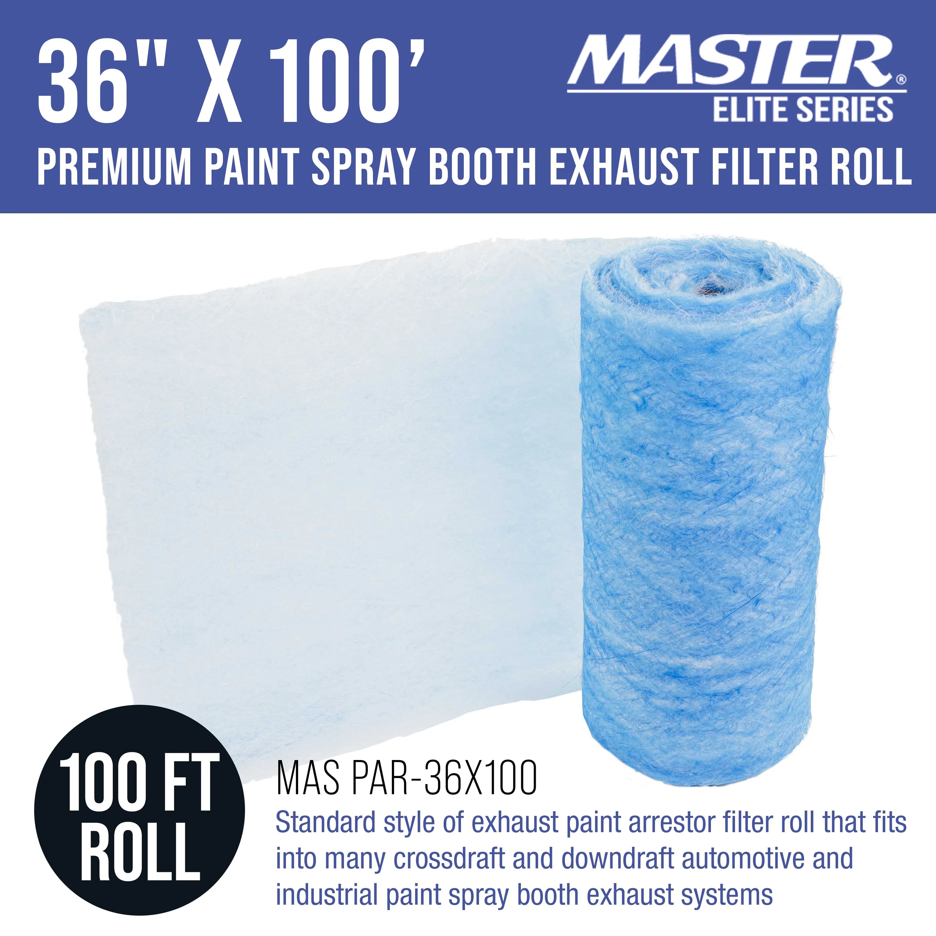 Master Elite Premium Paint Sizepray Booth Exhaust Filter Roll, 36" x 100' - 18 Gram Heavy-Duty Fiberglass Paint Arrestor - Captures Traps Overspray Paint Particles in Auto Autobody Refinish Booths
