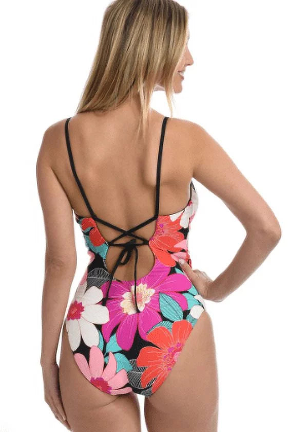 La Blanca Women's Plunge Knot Front One Piece Sizewimsuit, Multi//in Full Bloom, 6