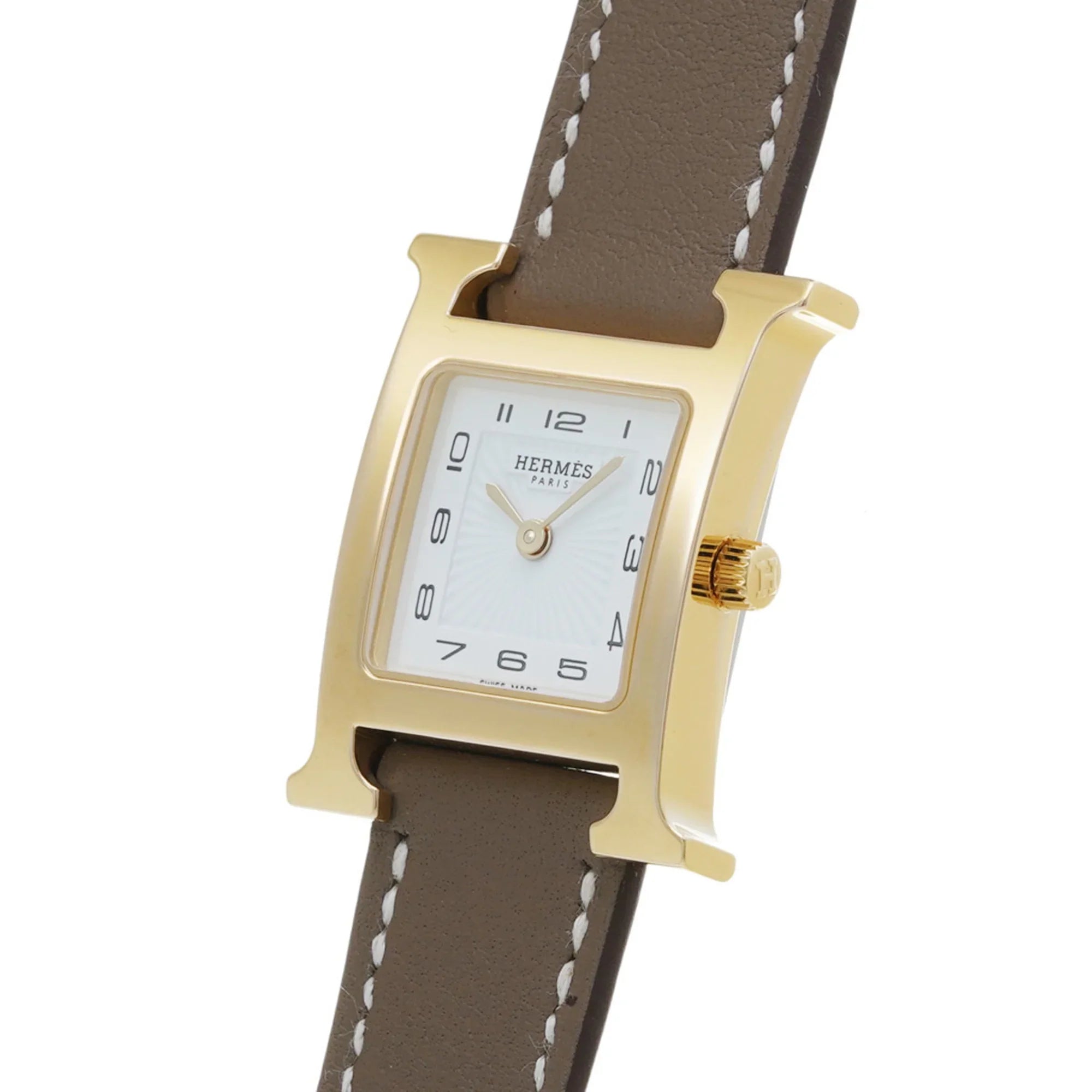 Pre-Owned HERMESize H Watch PM 25mm HH1.201 B engraved (around 2023) Women's GP/Leather Quartz Ivory Dial (Like New)