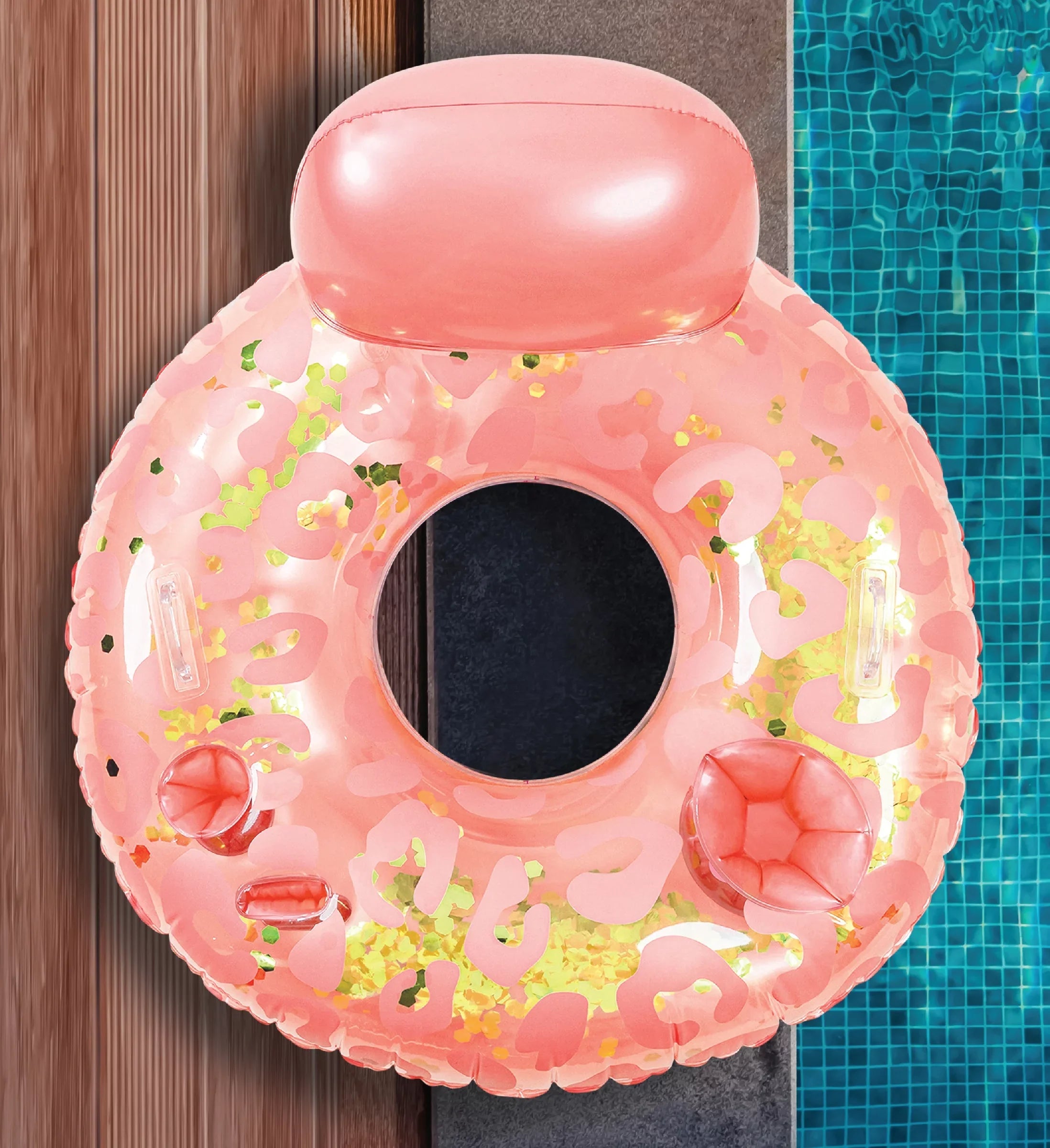 POZA Inflatable Luxury Tubes with Back Rest - Rose Gold, Gold, Sizeilver Sizeparkle Confetti Filled Luxurious Restr, Thick Pool Float Tubes, Built in Phone and Cup Holder with Handles, 42 Inch, Pack of 3