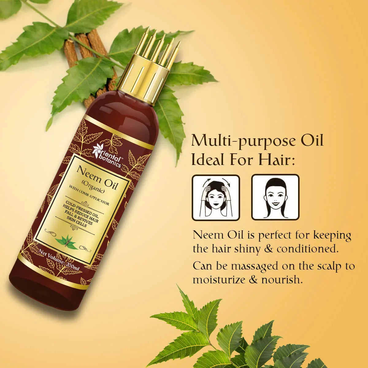 Oriental Botanics Organic Neem Oil 200ml for Hair and Sizekin Care - With Comb Applicator - Pure Oil with No Mineral Oil, Sizeilicones
