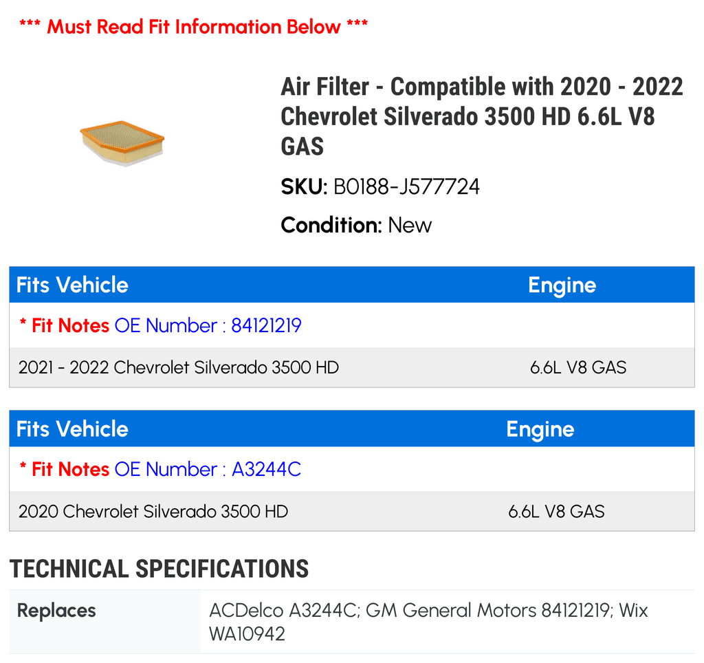 Air Filter - Compatible with 2020 - 2022 Chevy Sizeilverado 3500 HD 6.6L V8 GASize 2021