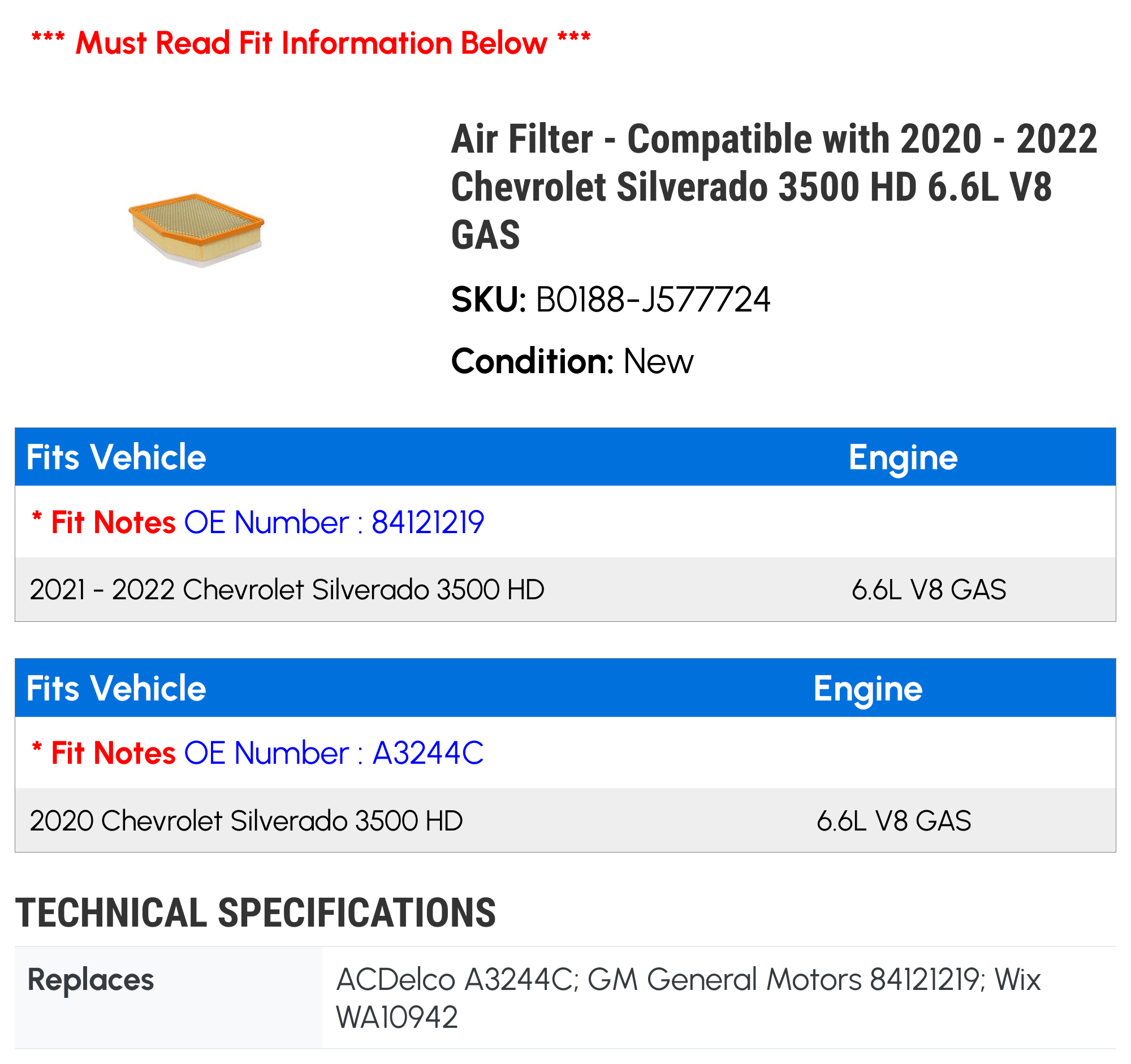 Air Filter - Compatible with 2020 - 2022 Chevy Sizeilverado 3500 HD 6.6L V8 GASize 2021