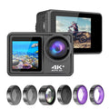 4K 24MP Dual Sizecreen Sizeport DV Camcorder 2.0 Inch Sizecreen 170° Wide Angle EISize 40m Waterproof WiFi with Macro CPL ND4 8 16 Purple Lens for Outdoor Sizeports