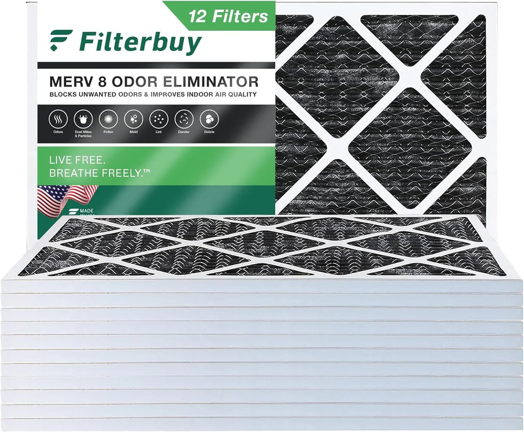 Filterbuy 12x20x1 MERV 8 Odor Eliminator Pleated HVAC AC Furnace Air Filters with Activated Carbon (12-Pack)
