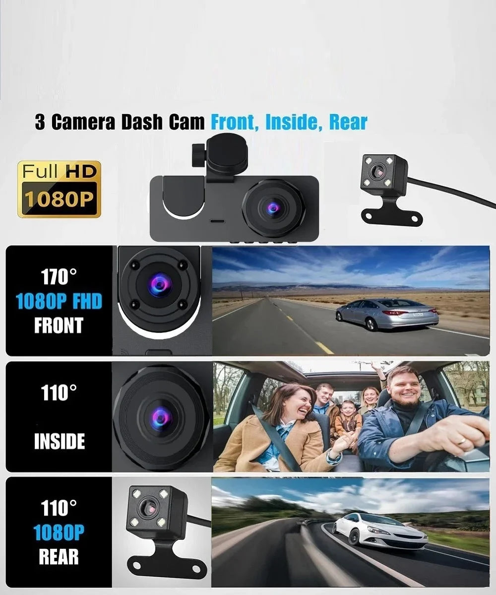 Car Video Recorder. 3 Camera Dash Car DVR Night Vision