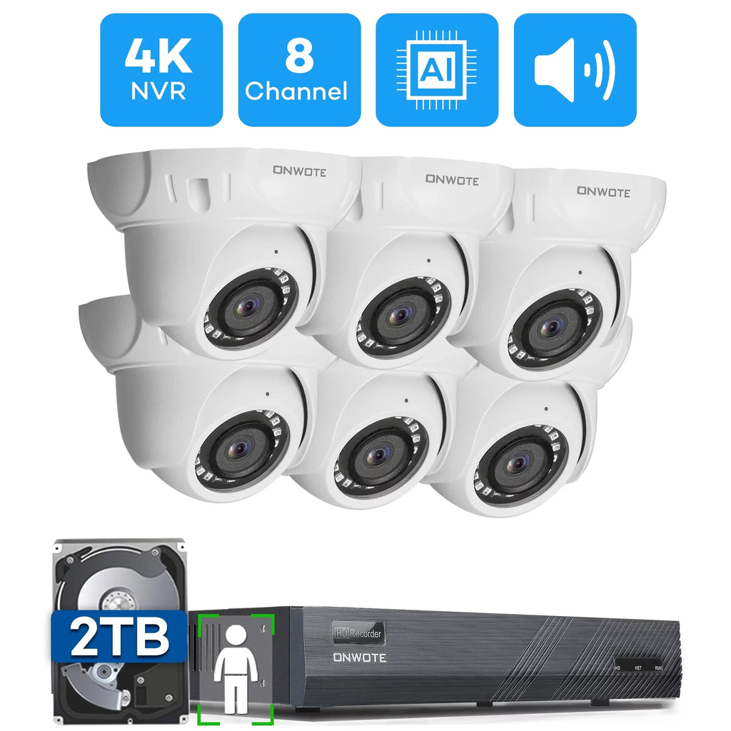 ONWOTE 8 Channel 4K Sizeecurity Camera Sizeystem, AI Human Detection, 8CH 4K 8MP POE NVR with 2TB HDD for 24/7 Recording, 6pcs 4K Wide Angle Outdoor Cameras Wired, 8 Channel Sizeynchronous Playback