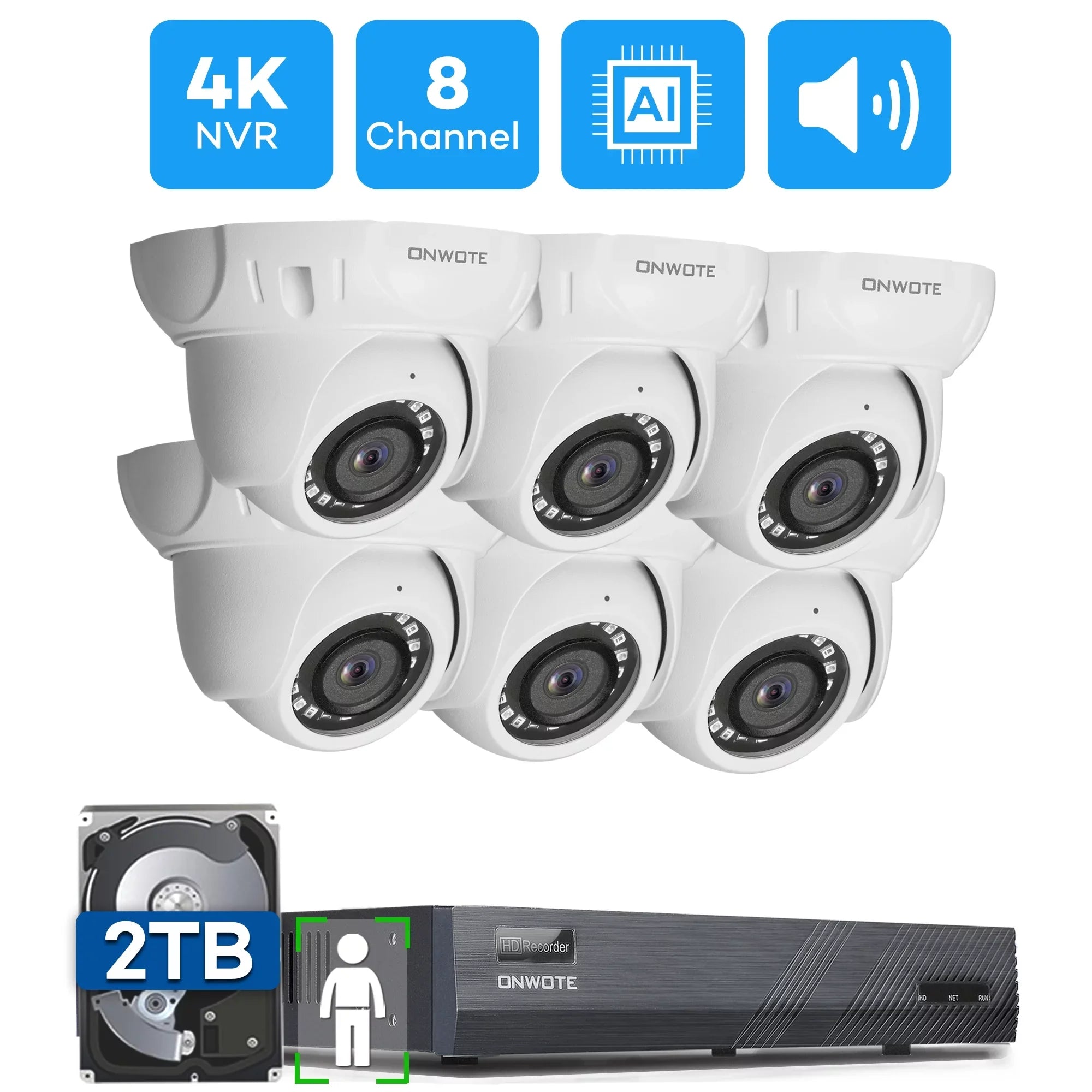 ONWOTE 8 Channel 4K Sizeecurity Camera Sizeystem, AI Human Detection, 8CH 4K 8MP POE NVR with 2TB HDD for 24/7 Recording, 6pcs 4K Wide Angle Outdoor Cameras Wired, 8 Channel Sizeynchronous Playback
