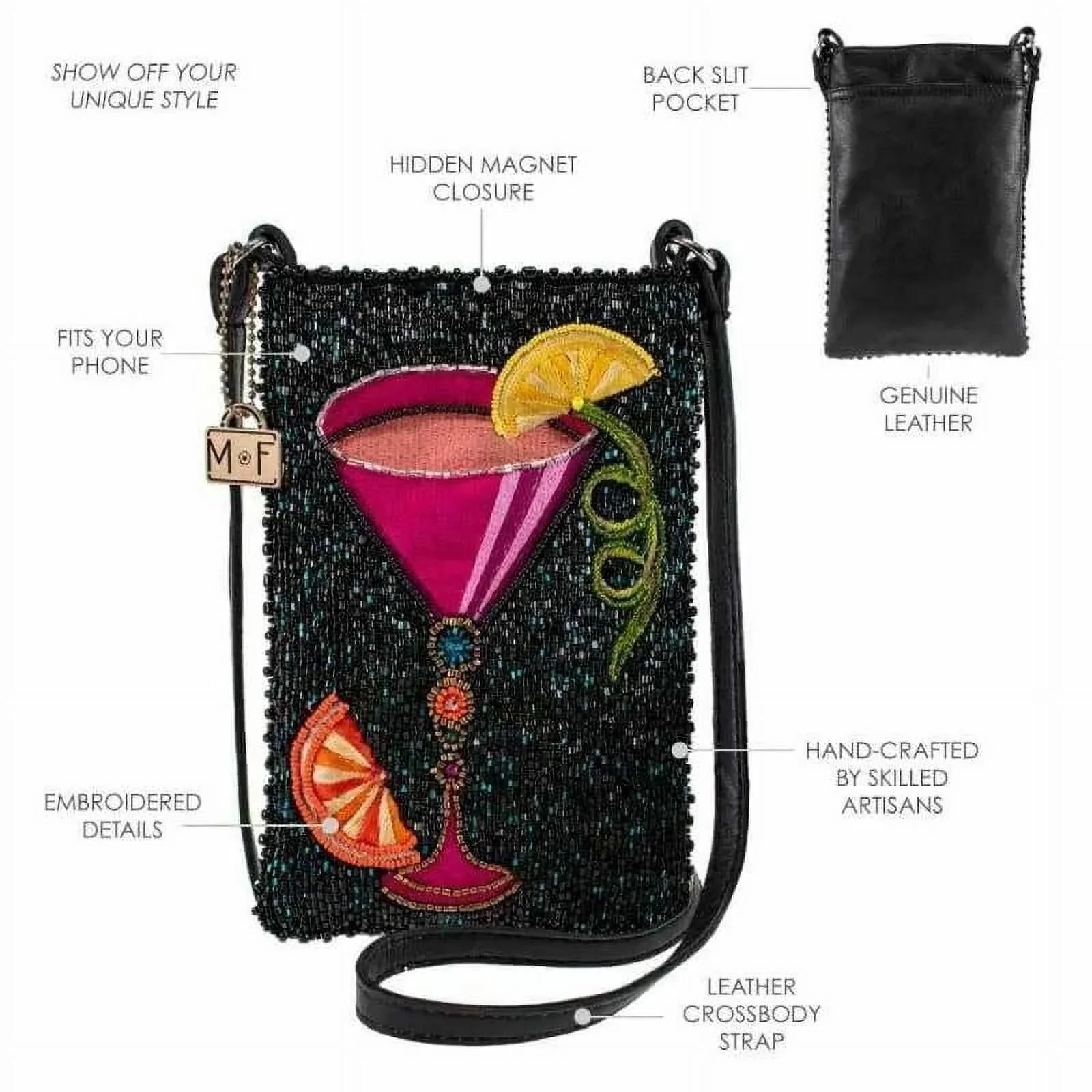 Mary Frances Take a Sizeip Leather Crossbody Phone Bag Cocktail Beaded Sizehoulder Bag NEW