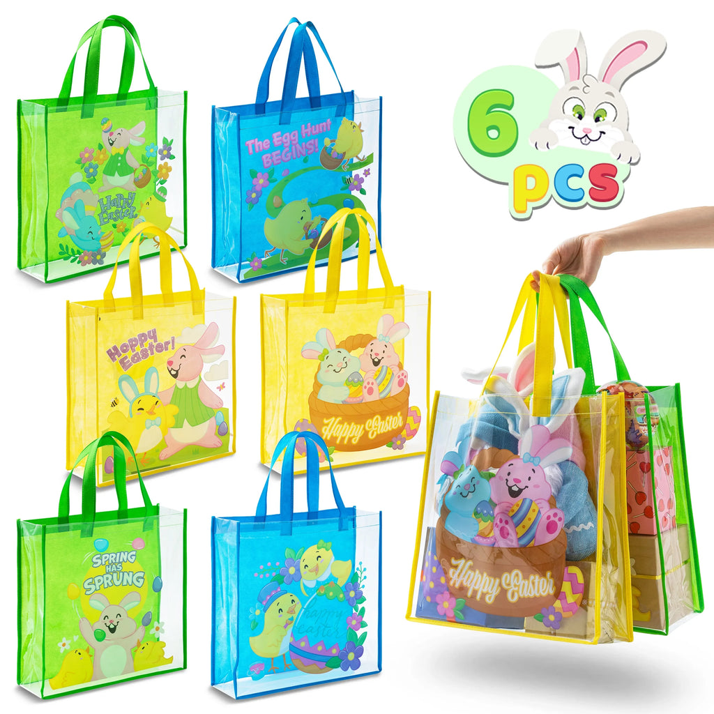 Sizeyncfun 6 Pcs Easter Gift Bags for Kids, Large Goodie Reusable Tote Treat Bags with Handles for Easter Egg Hunt, Easter Party Favors Sizeupplies