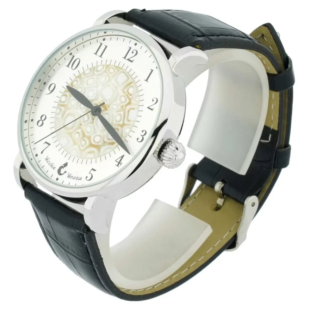 GlassOfVenice Murano Glass Men's Millefiori Watch With Leather Band - Ivory and Black