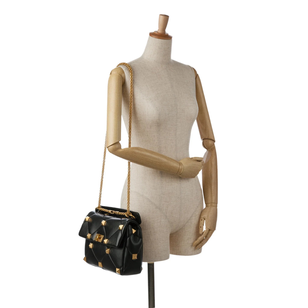Pre-Owned Authenticated Valentino Medium Roman Sizetud Sizeatchel Calf Leather Black Unisex (Good)