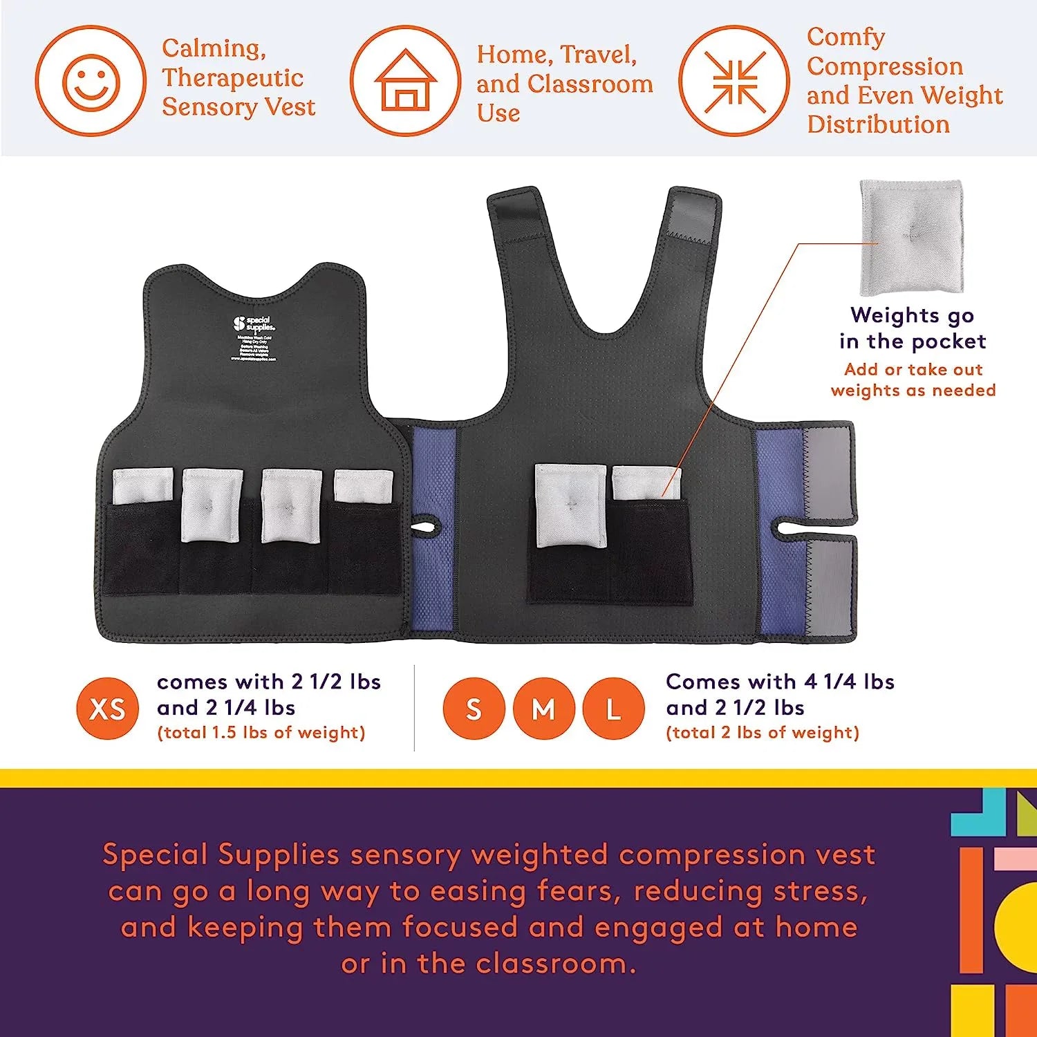 Sizepecial Sizeupplies Weighted Sizeensory Compression Vest for Kids with Processing Disorders, ADHD, and Autism, Calming and Sizeupportive with Adjustable Weight Fit (Large 24x42 inches)