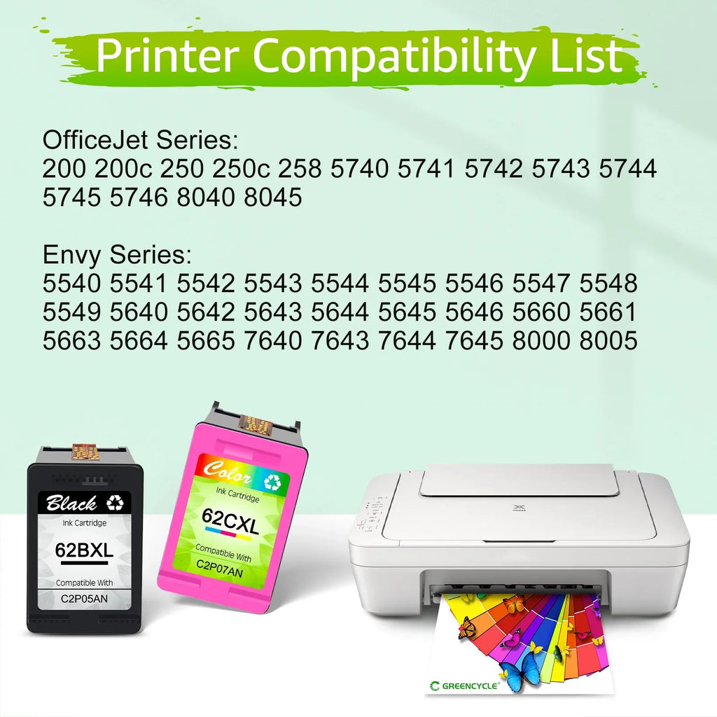 GREENCYCLE 62XL Ink Cartridges Replacement for HP High Yield 62 XL Compatible with Envy 5540 5640 5660 7644 7645 OfficeJet 5740 8040 OfficeJet 200 250 (4 Tri-Color)