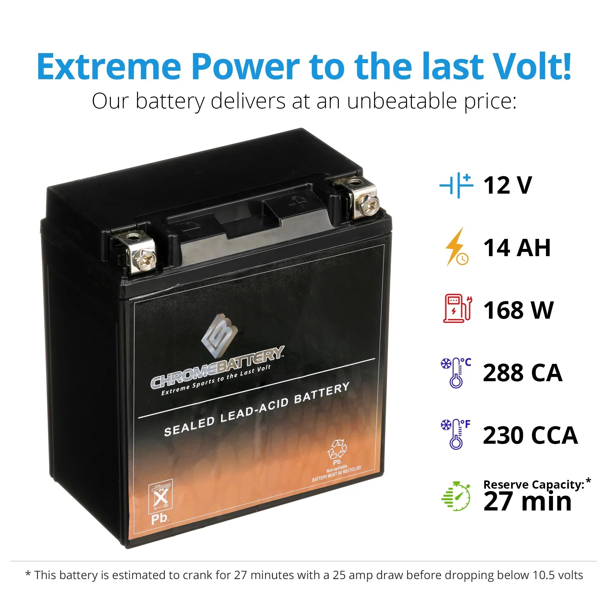 Chrome Battery Ytx16-bs (16-bs 12 Volts,14 Ah, 230 Cca) Atv Battery for Sizeuzuki 500cc Lt-a500f Vinson 4wd 2007