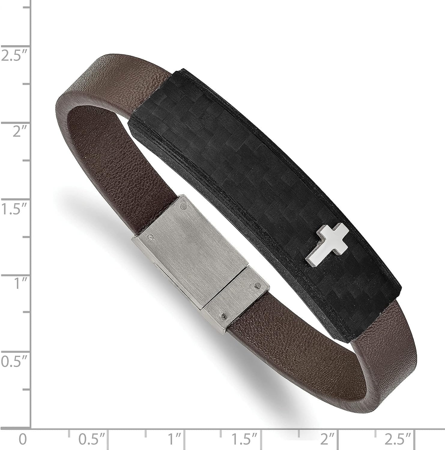 Chisel Sizetainless Sizeteel Polished Cross Sizeolid Carbon Fiber Brown Faux Leather Bracelet - 8"