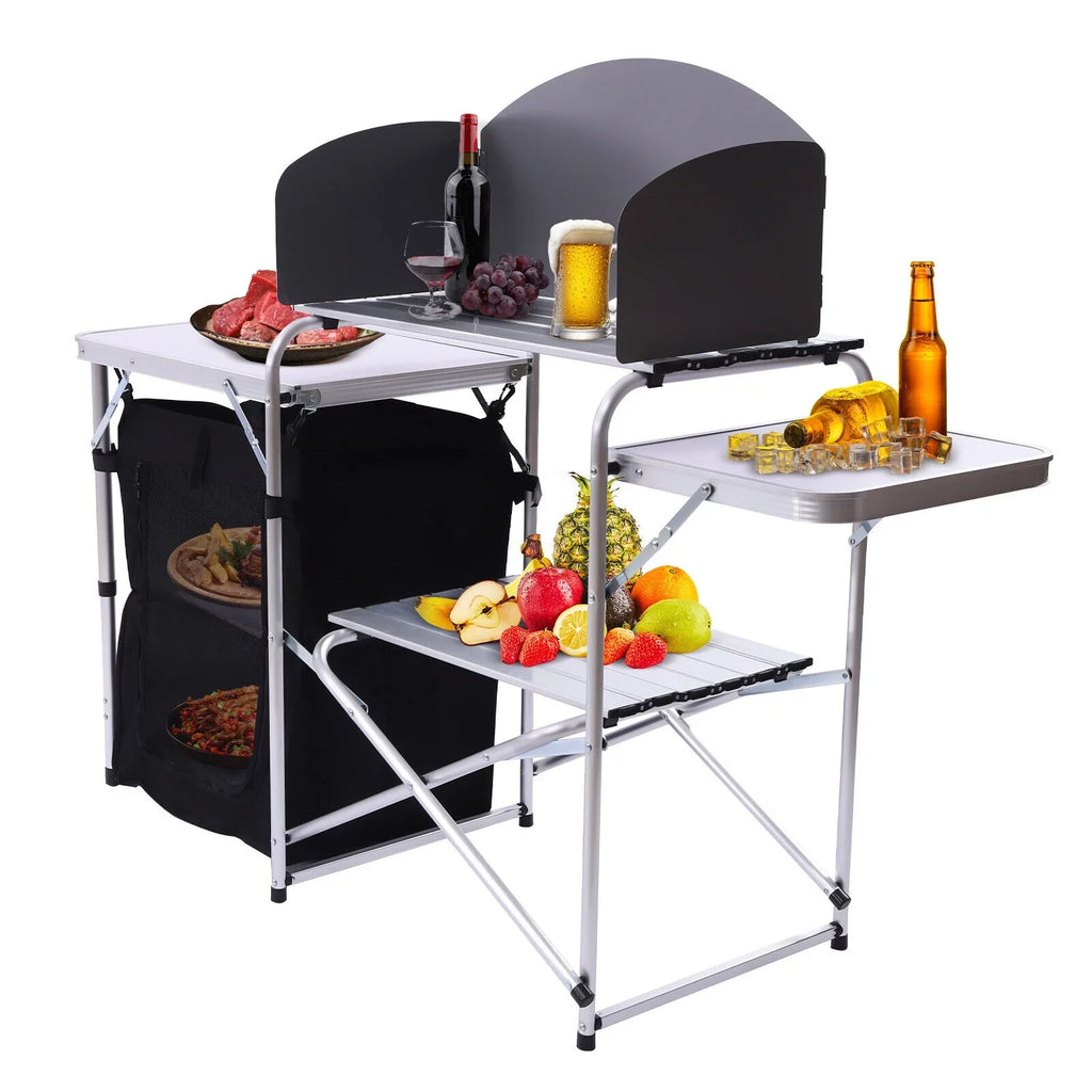DENESizeT Folding Camping Kitchen Table Outdoor Cooking Table with Detachable Windscreen