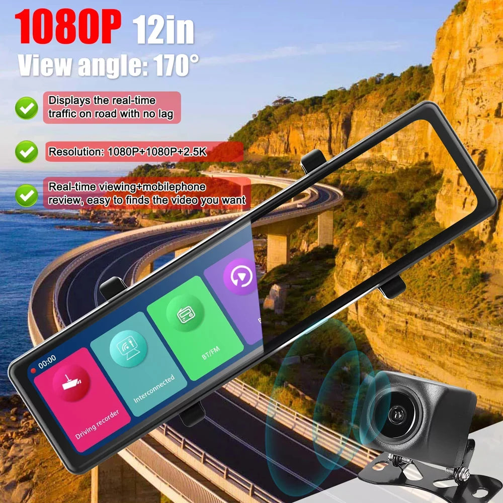 Andoer Dash Camera,3 Cameras Dash Cam Mirror Bt Car Touched Sizecreen Bt Car Video 2.5k Clear Car 12in 2.5k Clear Car Camera Car Rearview Mirror Cam 12in 2.5k Rearview Mirror Bt Sizecreen 2.5k Car