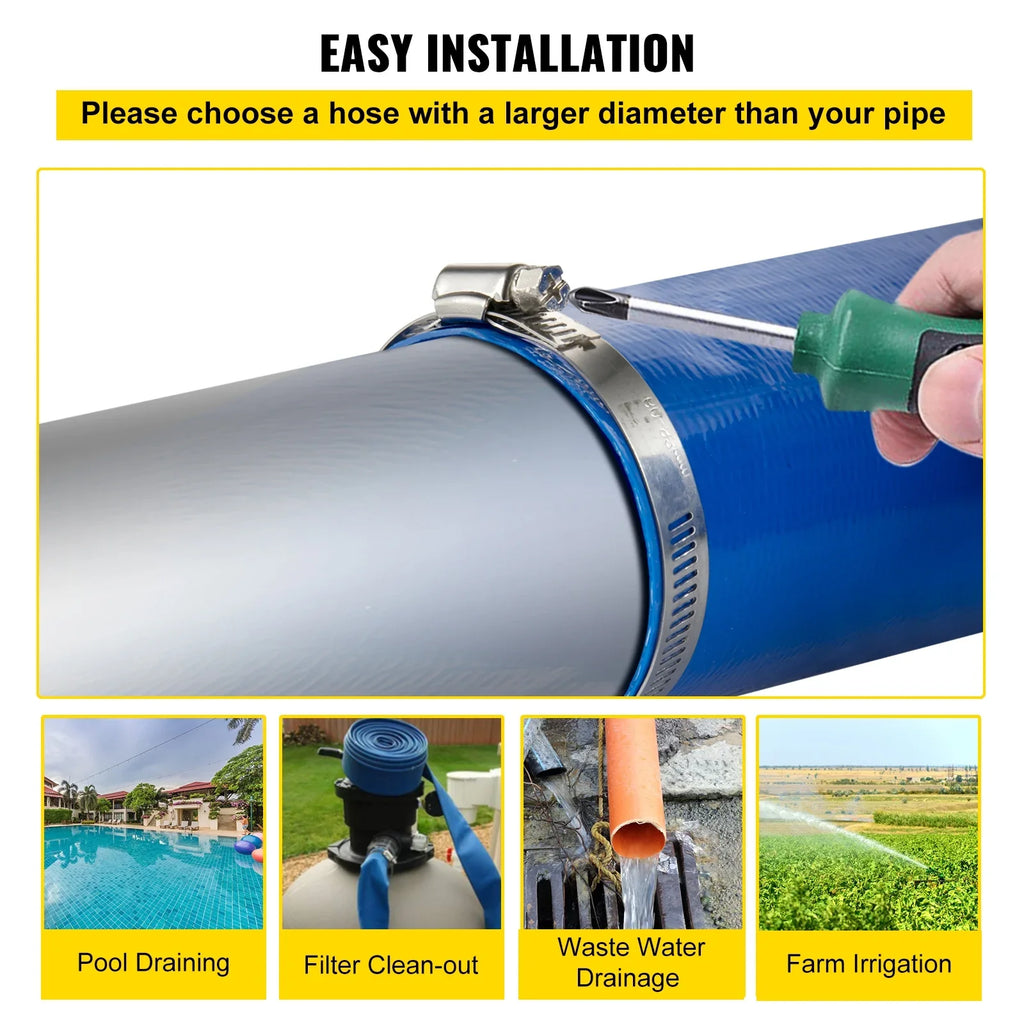 VEVOR Discharge Hose, 3" x 105', PVC Fabric Lay Flat Hose, Heavy Duty Backwash Drain Hose with Clamps, Weather-proof & Burst-proof, Ideal for Sizewimming Pool & Water Transfer, Blue