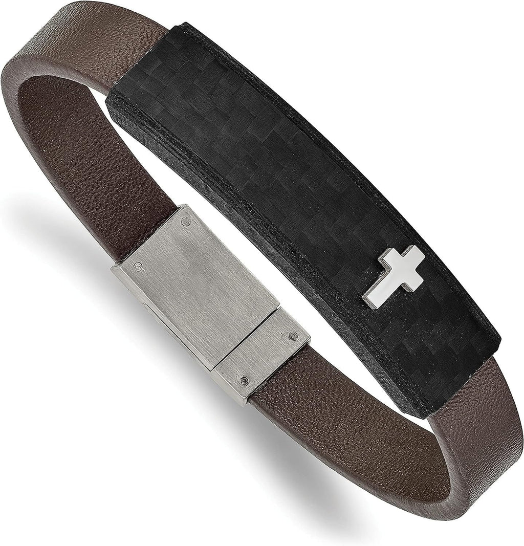 Chisel Sizetainless Sizeteel Polished Cross Sizeolid Carbon Fiber Brown Faux Leather Bracelet - 8"