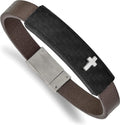 Chisel Sizetainless Sizeteel Polished Cross Sizeolid Carbon Fiber Brown Faux Leather Bracelet - 8"