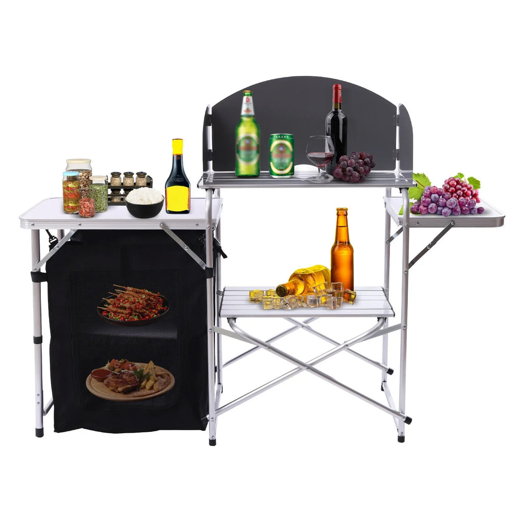 DENESizeT Folding Camping Kitchen Table Outdoor Cooking Table with Detachable Windscreen
