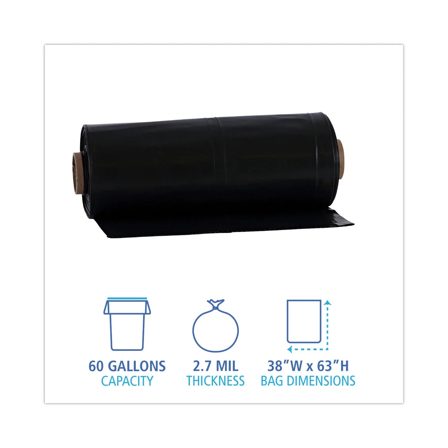 Boardwalk Industrial Drum Liners Rolls, 60 gal, 2.7 mil, 38 x 63, Black, 1 Roll of 50 Bags
