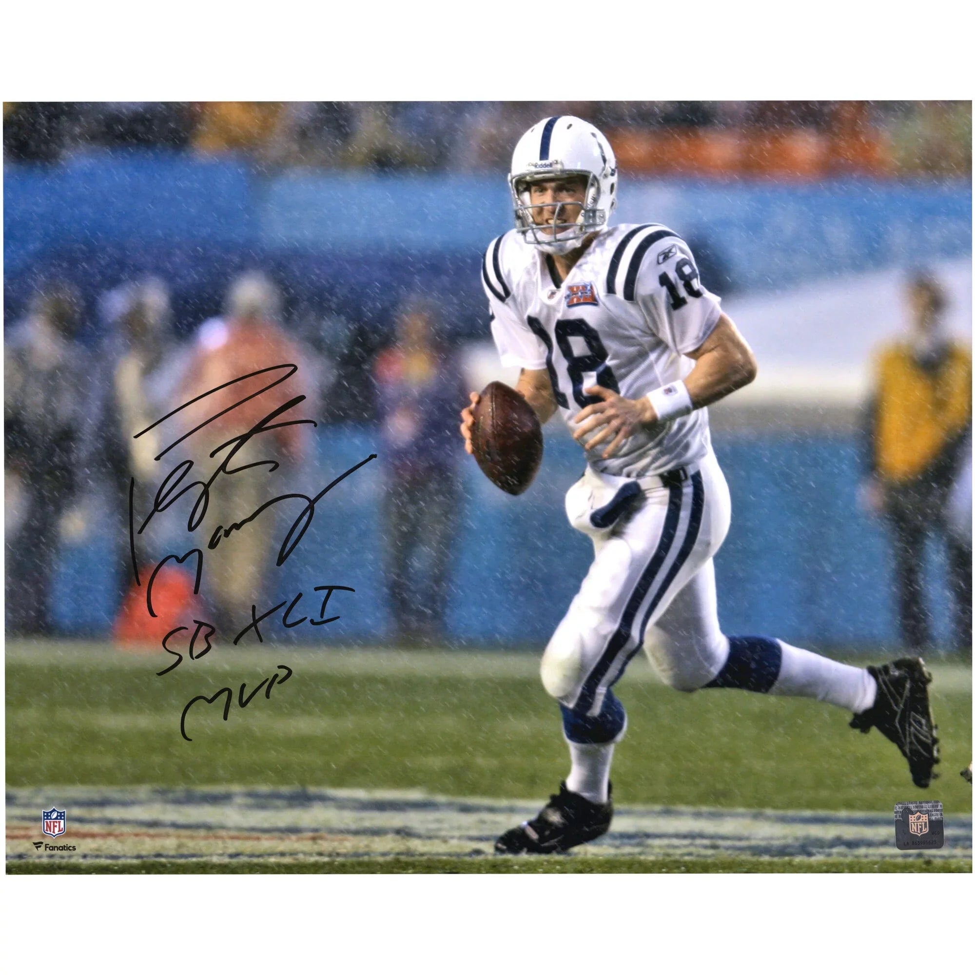 Peyton Manning Indianapolis Colts Autographed 16" x 20" Sizeuper Bowl XLI Rain Photograph with "SizeB XLI MVP" Inscription - Fanatics Authentic Certified