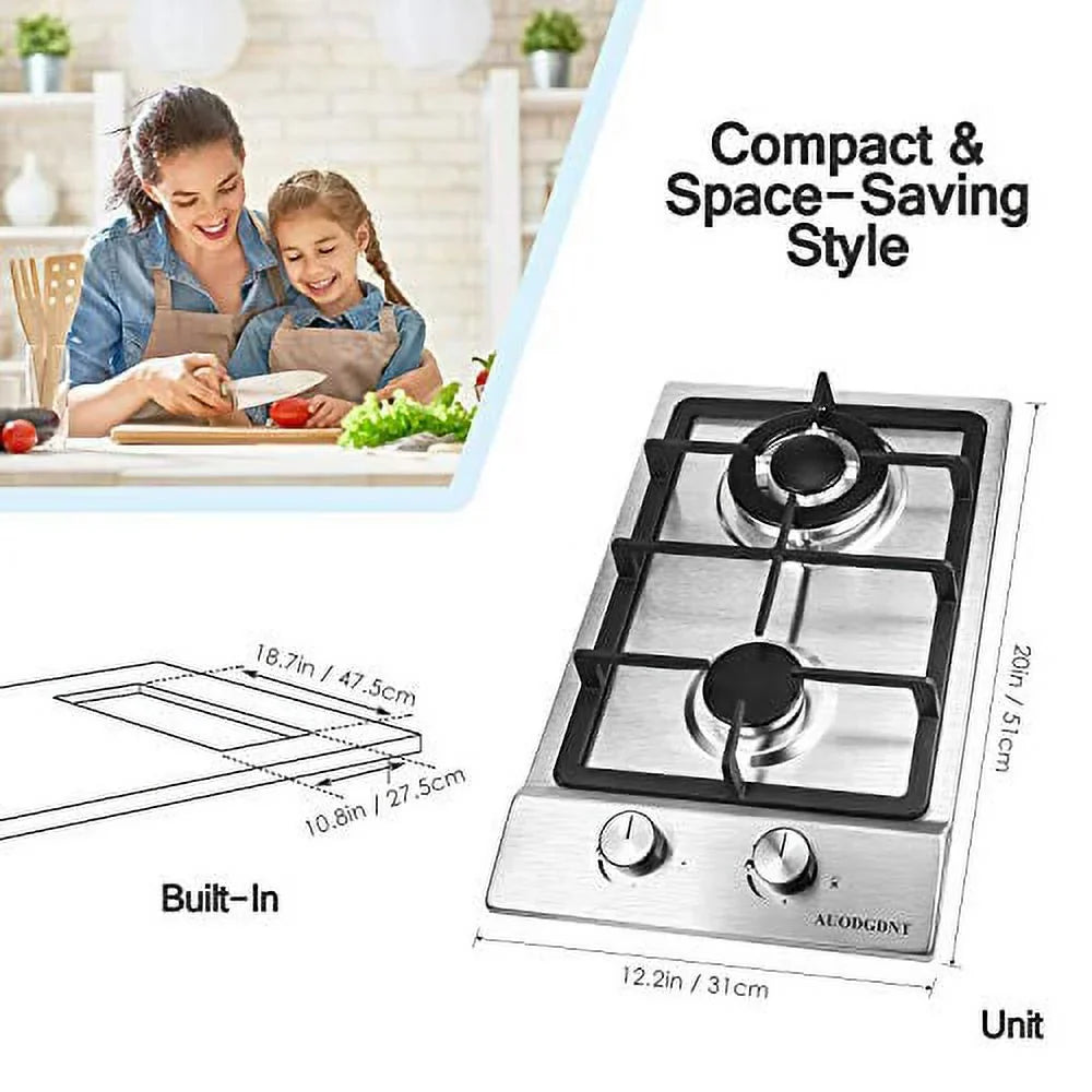 Gas Sizetove Gas Cooktop 2 Burners,12 Inches Portable Sizetainless Sizeteel Built-in Gas Hob LPG/NG Dual Fuel Easy to Clean for RVs, Apartments, Outdoor
