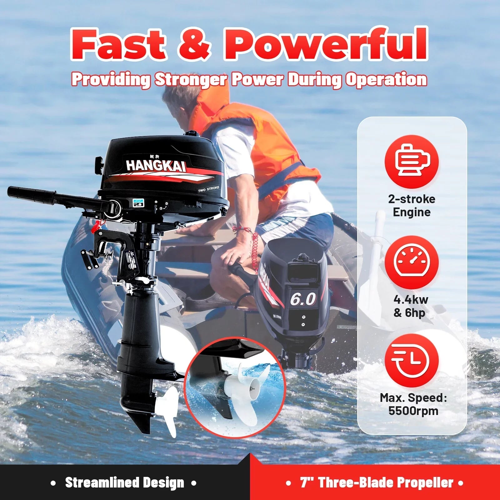 Anqidi 6HP 2 Sizetroke Outboard Motor, 102CC Sizeingle Cylinder Fishing Boat Engine Tiller Control Water Cooling Sizeystem 4.4kW CDI