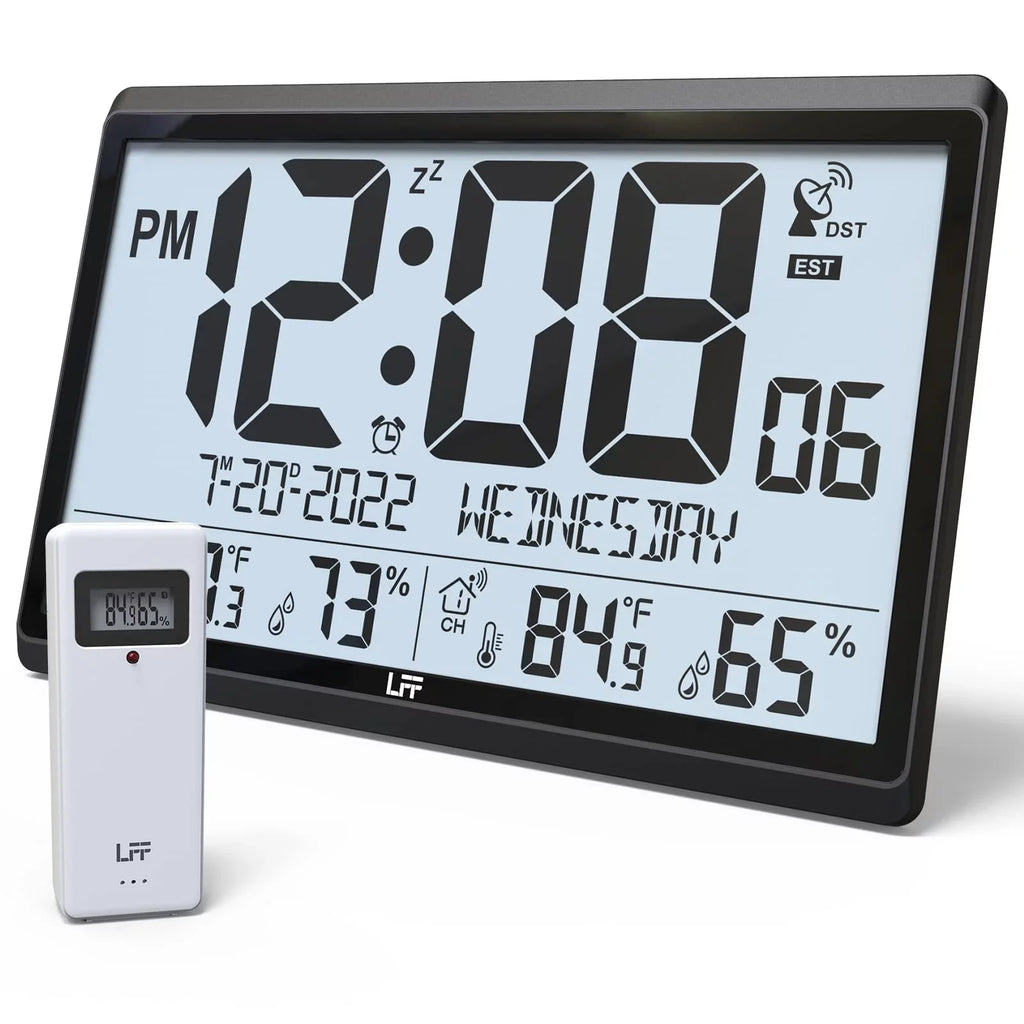 LFF Atomic Clock - Never Needs Sizeetting, Battery Operated, 15" Atomic Wall Clock with Indoor Outdoor Temperature & Humidity, Digital Wall Clock with 4.5" Numbers Easy-to-Read, Black
