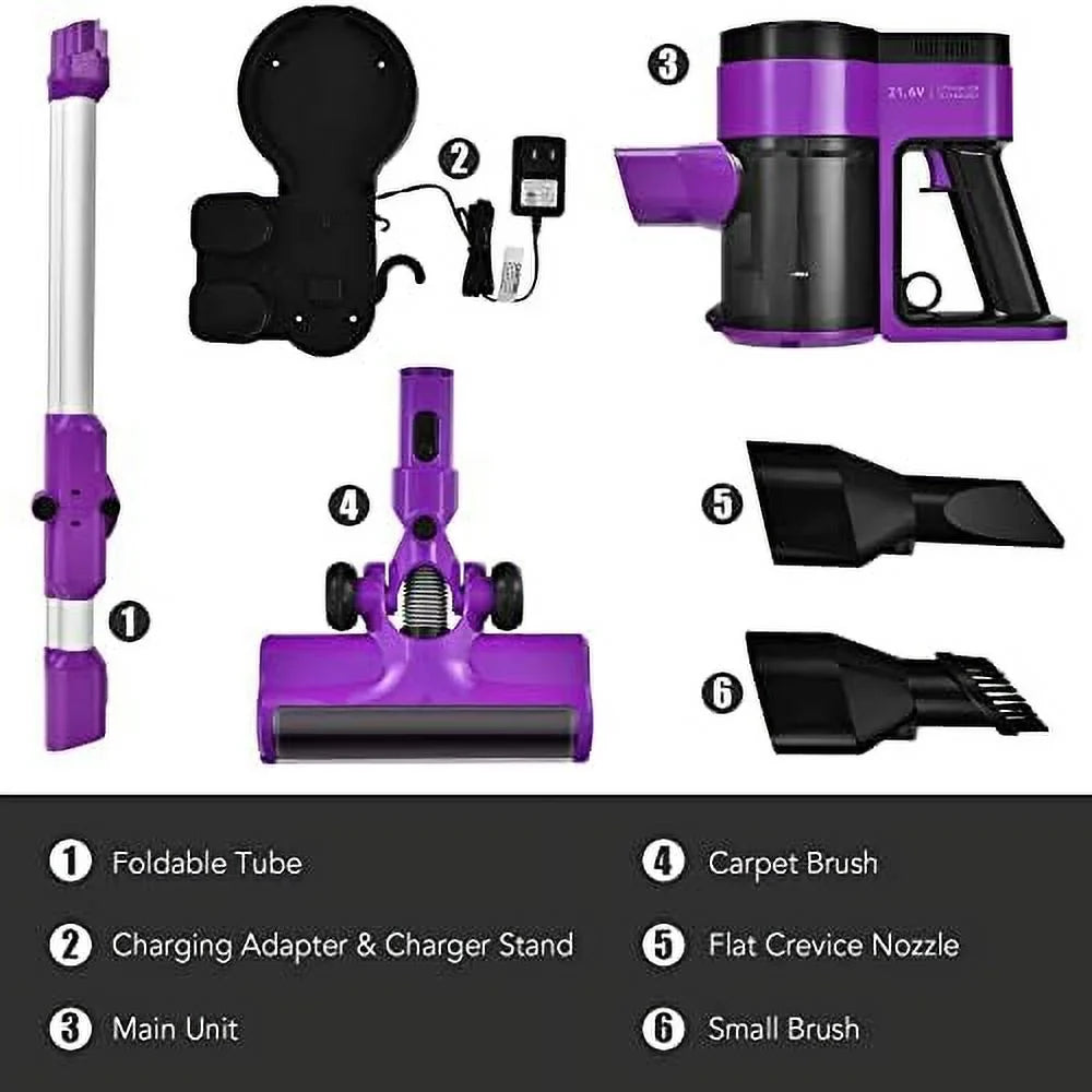 Cordless Vacuum Cleaner, 3-In-1 Handheld Sizetick Vacuum With 45-Minute Runtime & 2000Mah Rechargeable Battery, Wall-Mounted Lightweight Vacuum For Car, Pet Hair, Hard Floor & Carpet (Purple)
