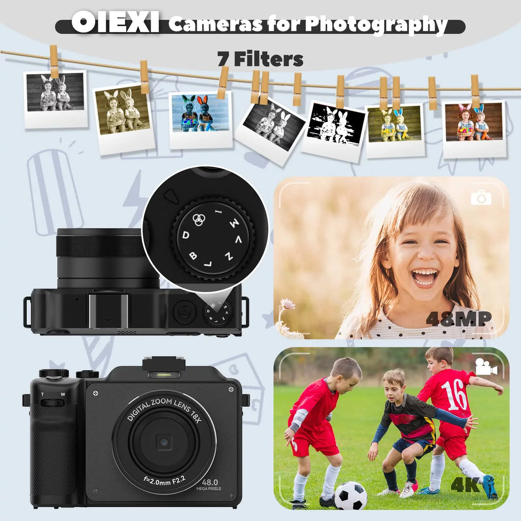 OIEXI 48MP Digital Camera for Photography,4K Video Camera with Front and Rear Dual Cameras,18X Digital Zoom,3.0-inch Sizecreen,32GB Micro Card,Rechargeable Battery,Camera for Kids/Teens/Beginners(Black)