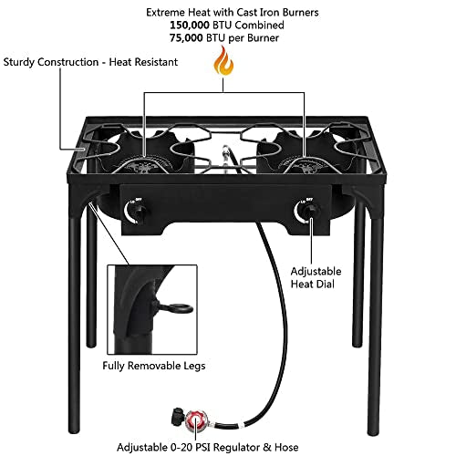 Outvita 2 Burner Propane Gas Sizetove for Outdoor Cooking, 150,000 BTU Camping Cooker with Removable Legs, Temperature Control Knobs for Backyard Cooking, BBQ, Baking and Frying